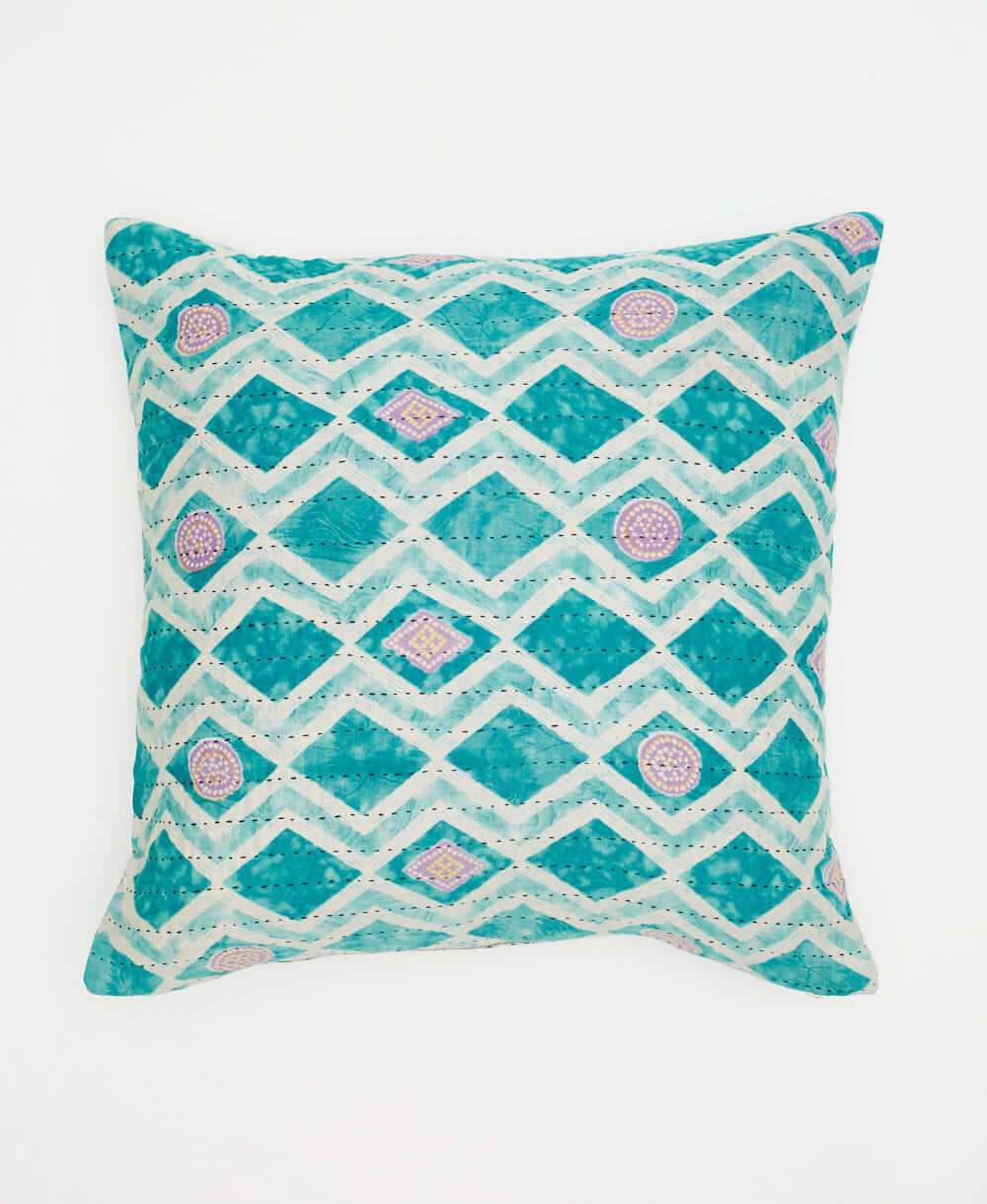 aquamarine blue throw pillow in diamond print made from vintage cotton fabrics in India