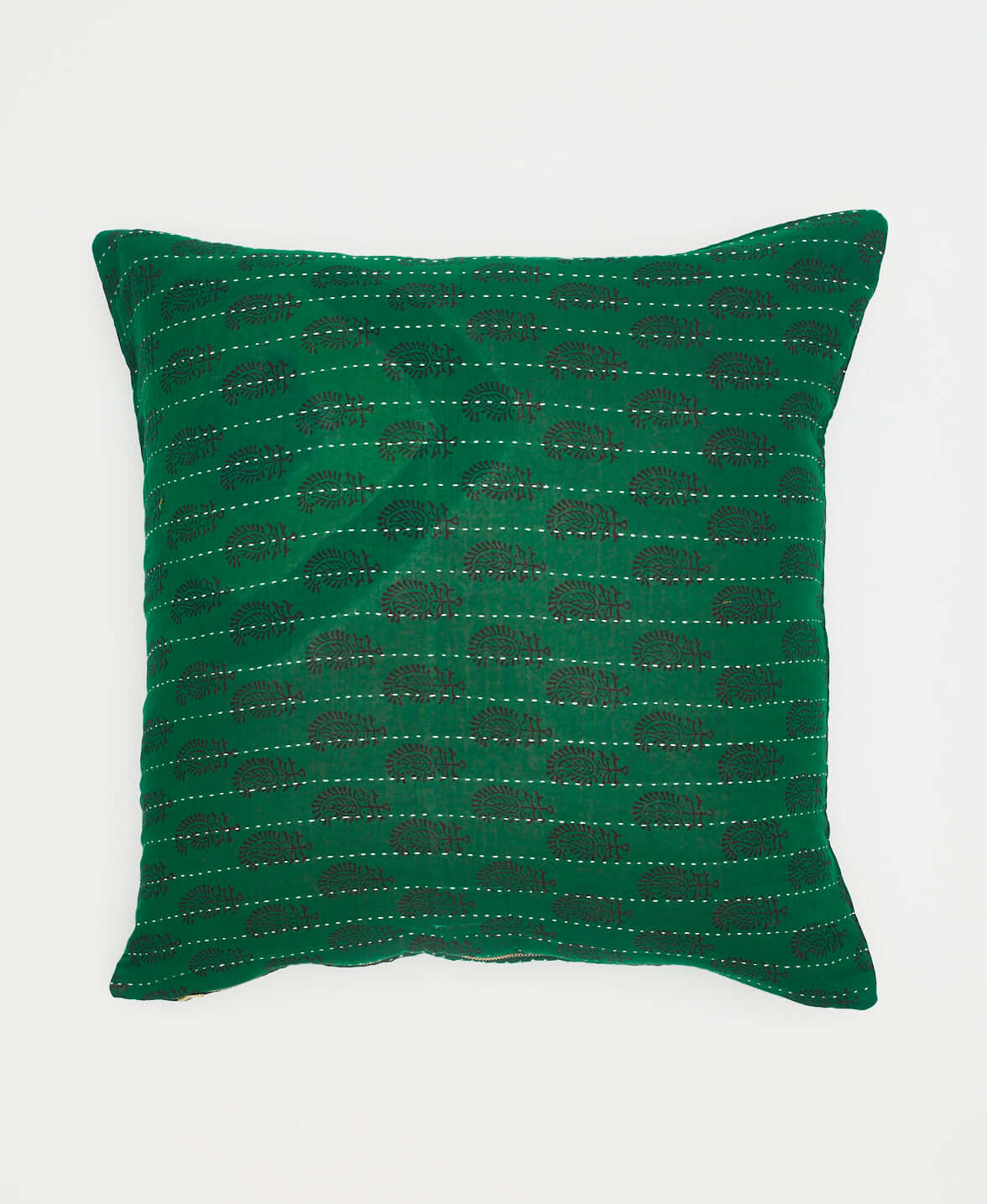 square pillow in deep emerald green with black subtle paisley design with removable down feather pillow insert