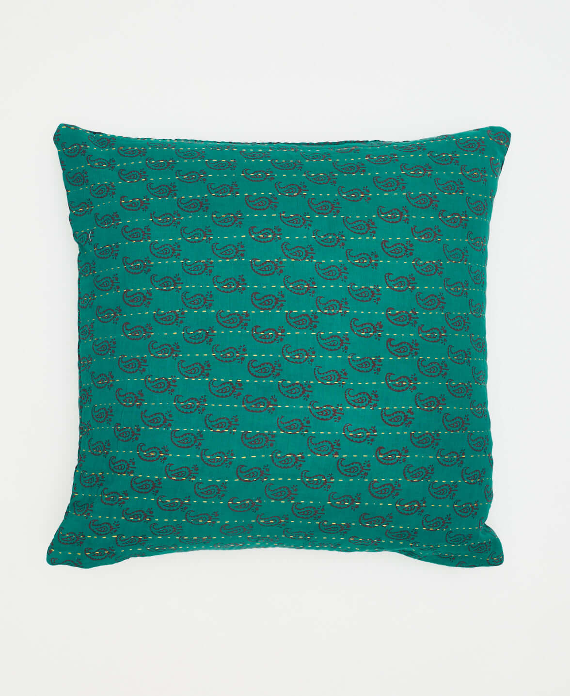 ethically made square pillow in teal paisley design with removable down feather insert