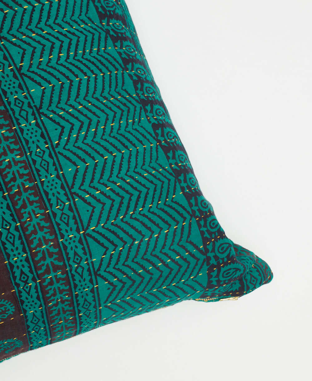 yellow embroidered teal throw pillow handmade from upcycled vintage cotton saris