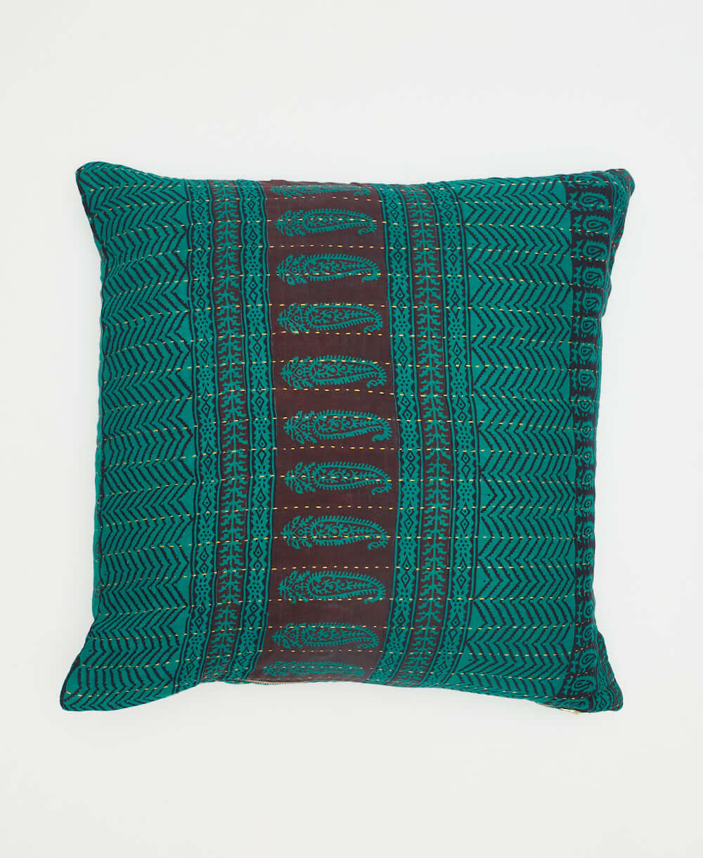 bold teal throw pillow in square shape with muted charcoal stripe & paisley design