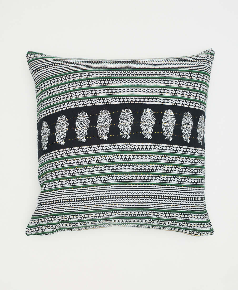 emerald green and black striped square pillow made from vintage cotton with removable down feather pillow insert