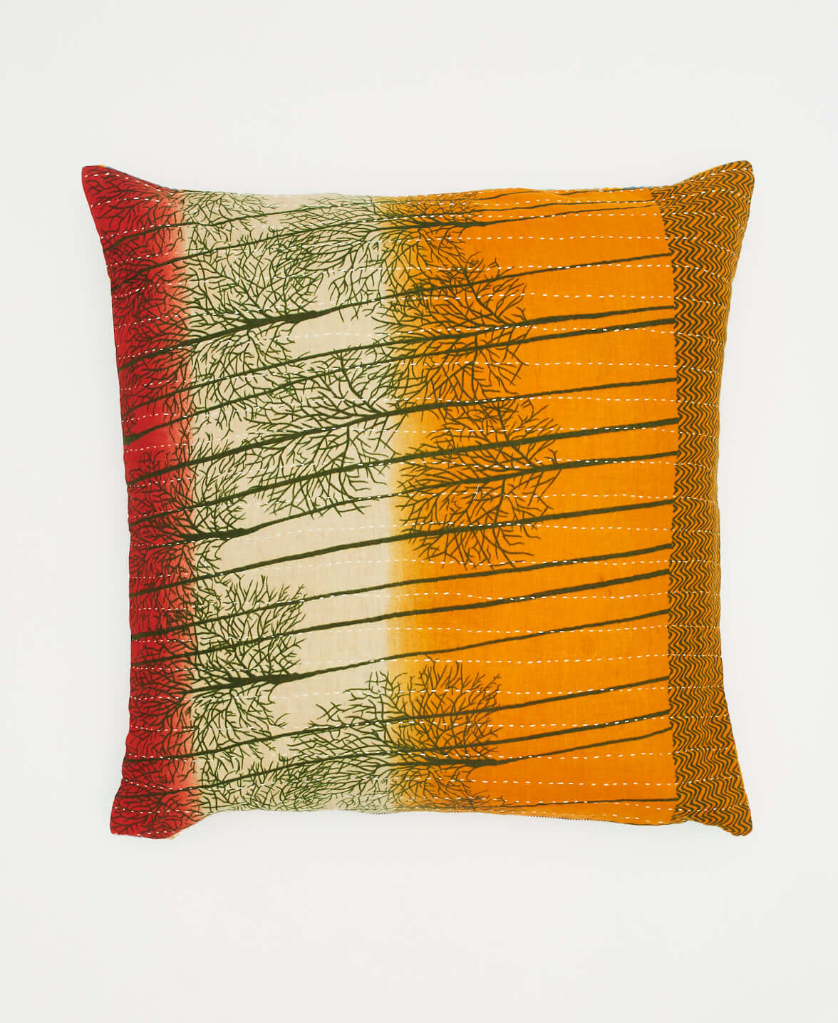 orange boho throw pillow with hunter green abstract tree line print by Anchal