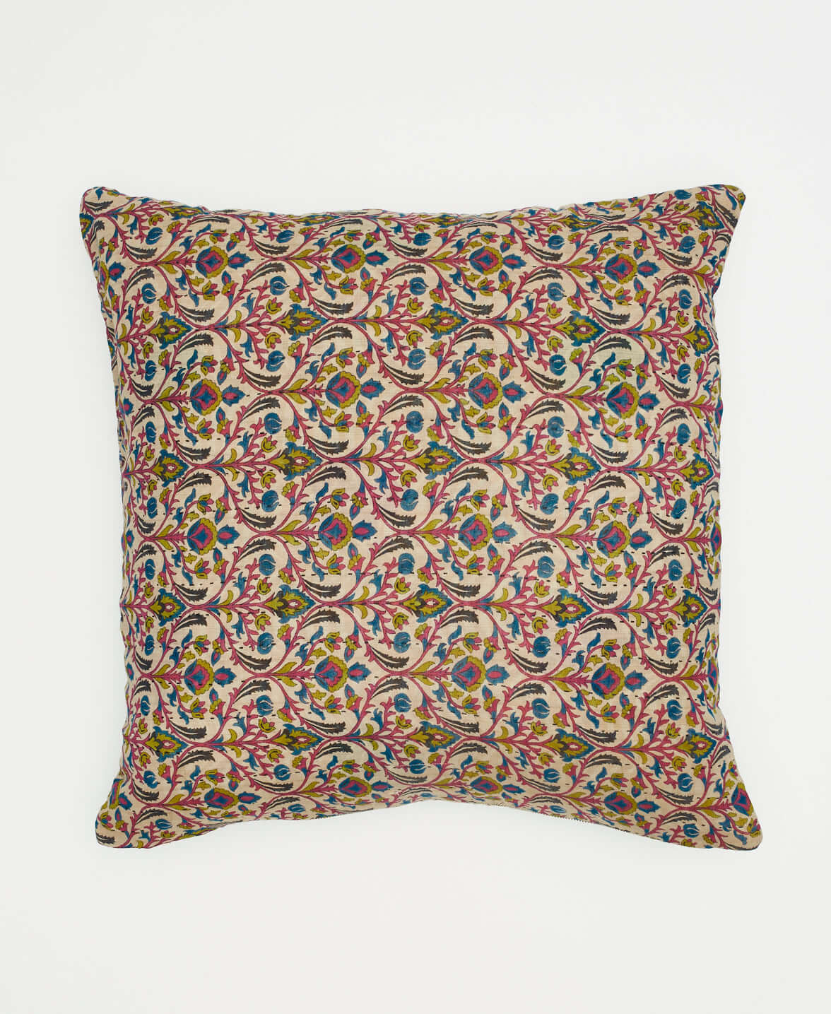 reversible throw pillow with pink, lime green & cobalt blue scroll pattern made from eco-friendly cotton fabrics