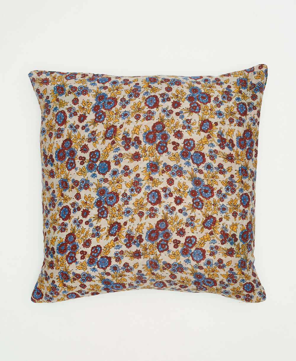 maroon & blue floral throw pillow made from upcycled vintage cotton saris in India by women artisans