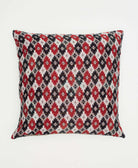 black, white and red abstract diamond patterned square pillow with reversible prints on each side