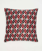 black, white & red diamond print embroidered throw pillow made from upcycled vintage cotton by Anchal