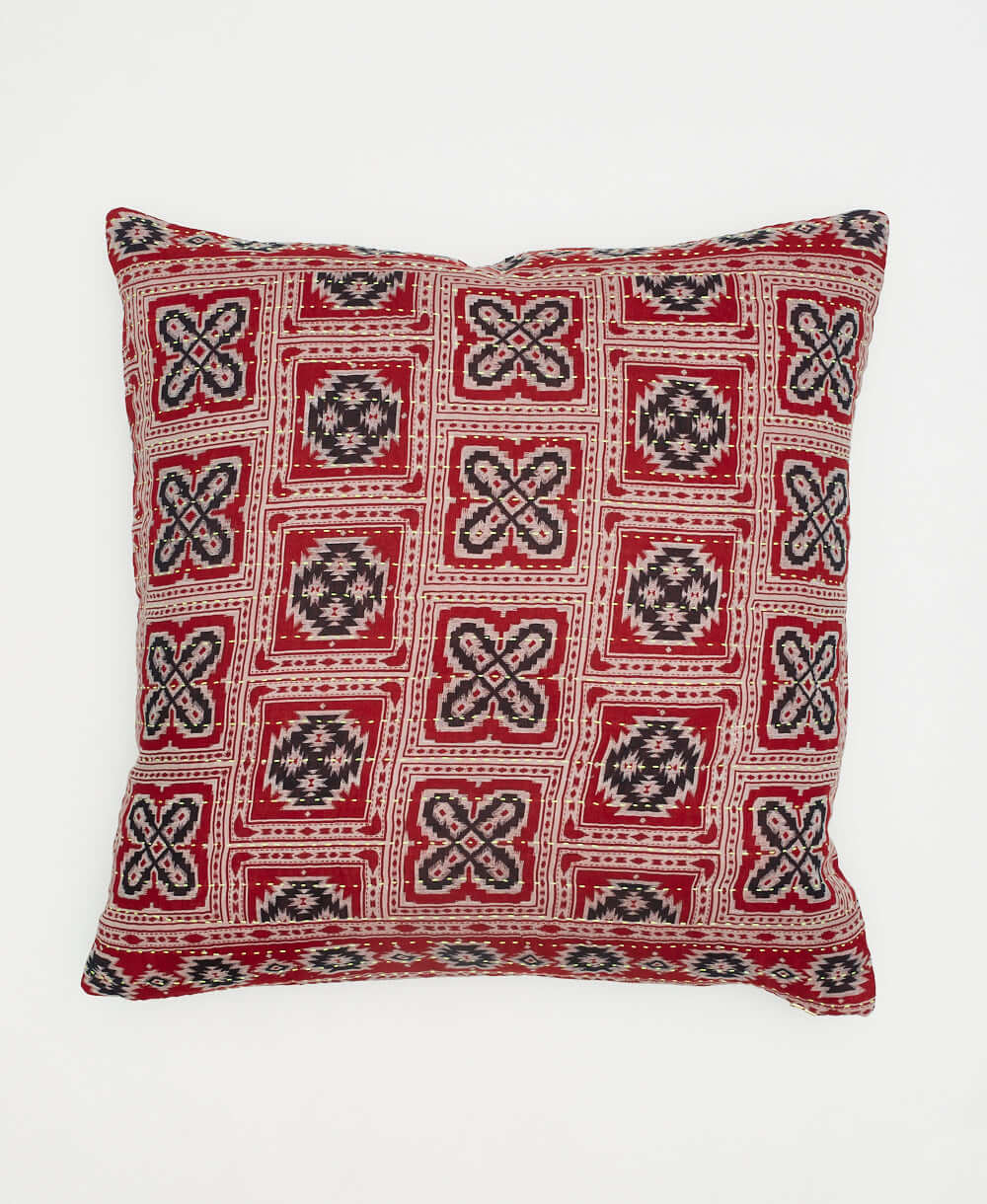 red throw pillow with black square design made from eco-friendly vintage cotton