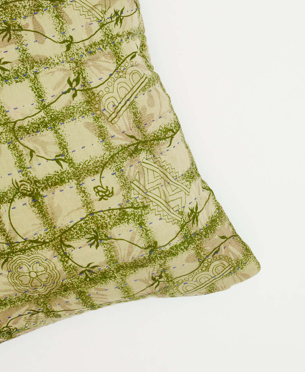 fair trade light green & olive grid patterned boho throw pillow by Anchal