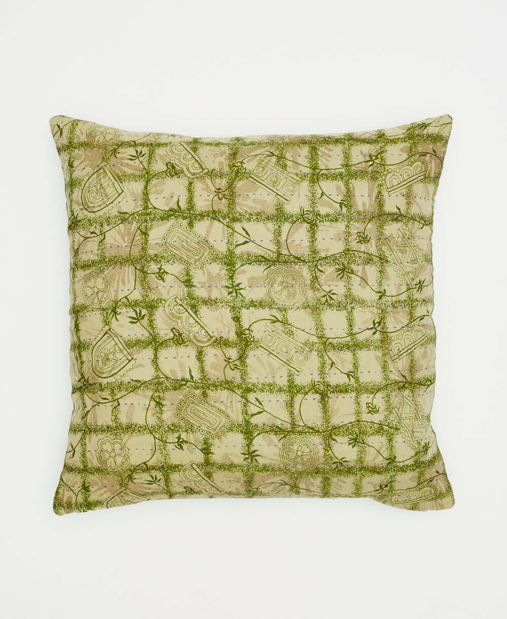 pale green cotton square throw pillow with olive green grid pattern