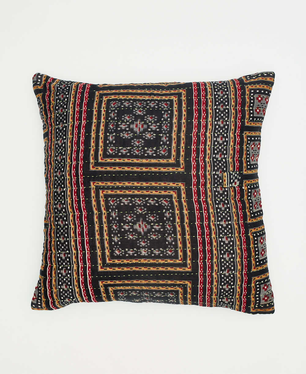 square throw pillow in black with tan and red geometric square design handmade from vintage cotton fabrics