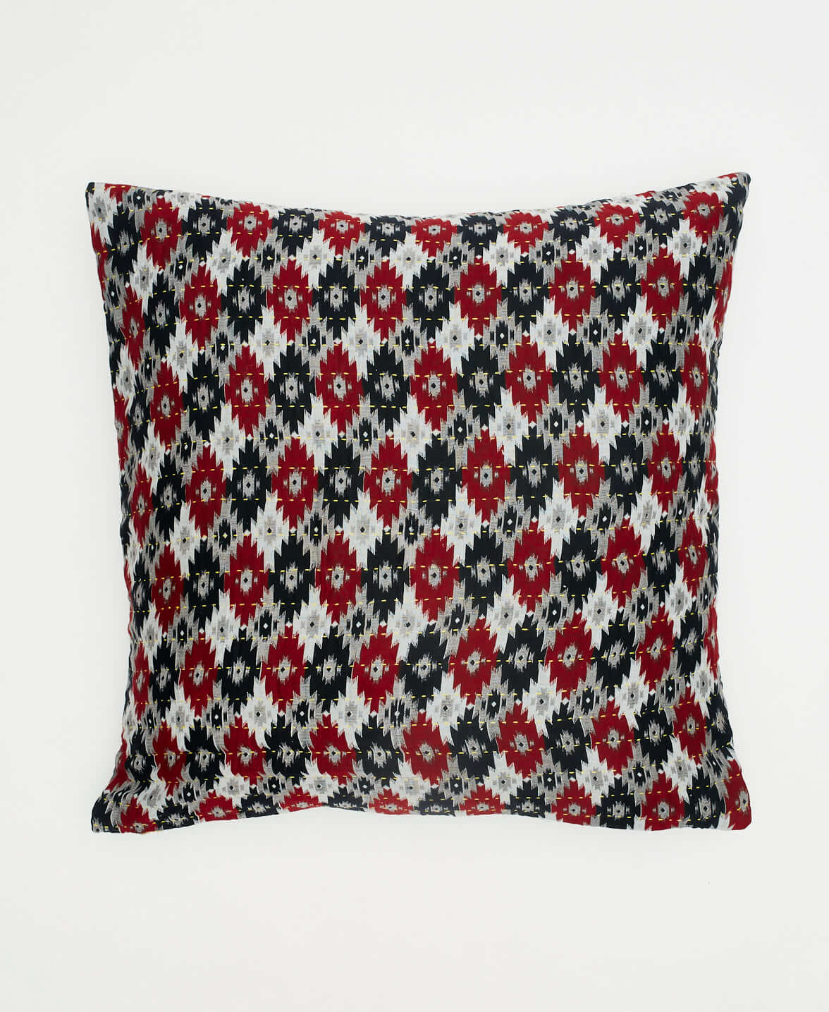 black, grey, white & red diamond printed boho throw pillow with reversible sides made from vintage cotton