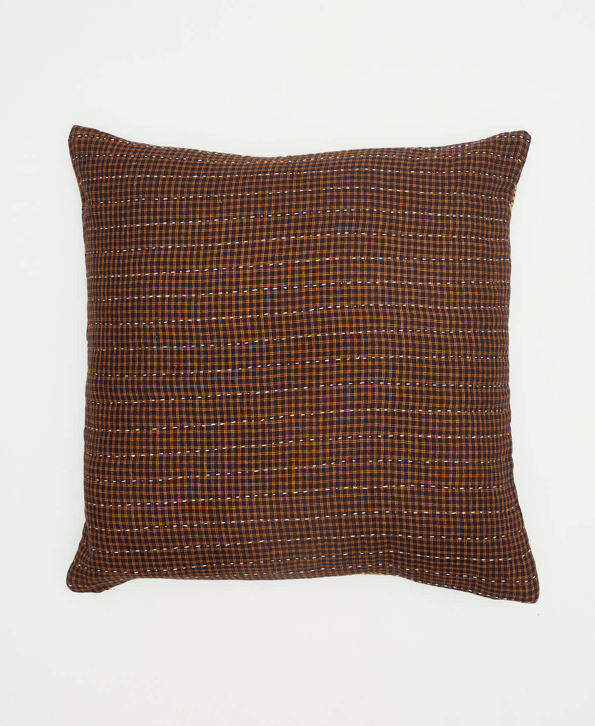 fair trade reversible boho throw pillow in chocolate brown and mustard yellow subtle plaid print