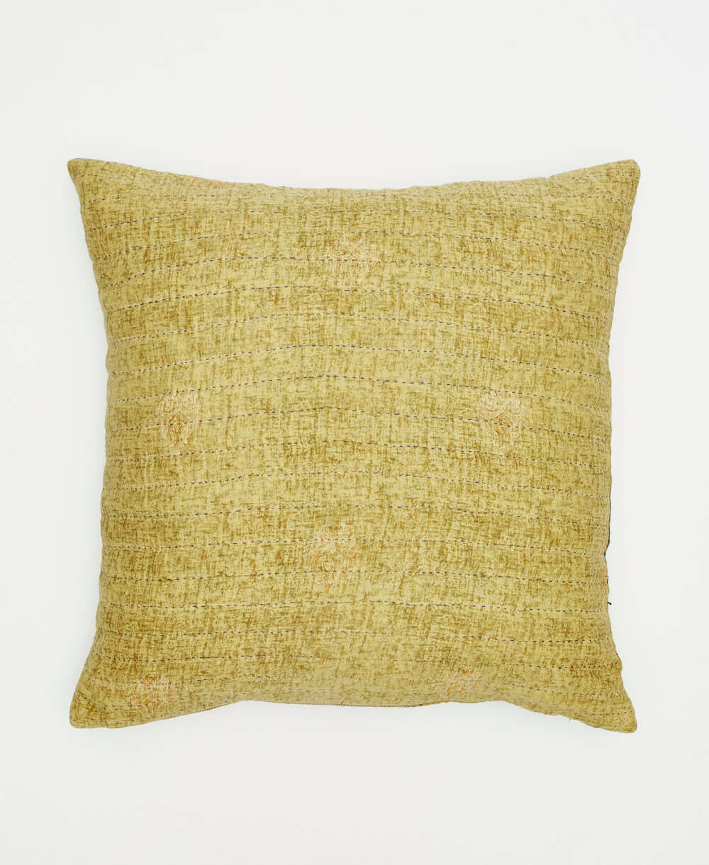 yellow-green and light tan subtle abstract print square throw pillow handmade in India