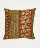 brown and olive green square throw pillow made from vintage cotton fabrics in India