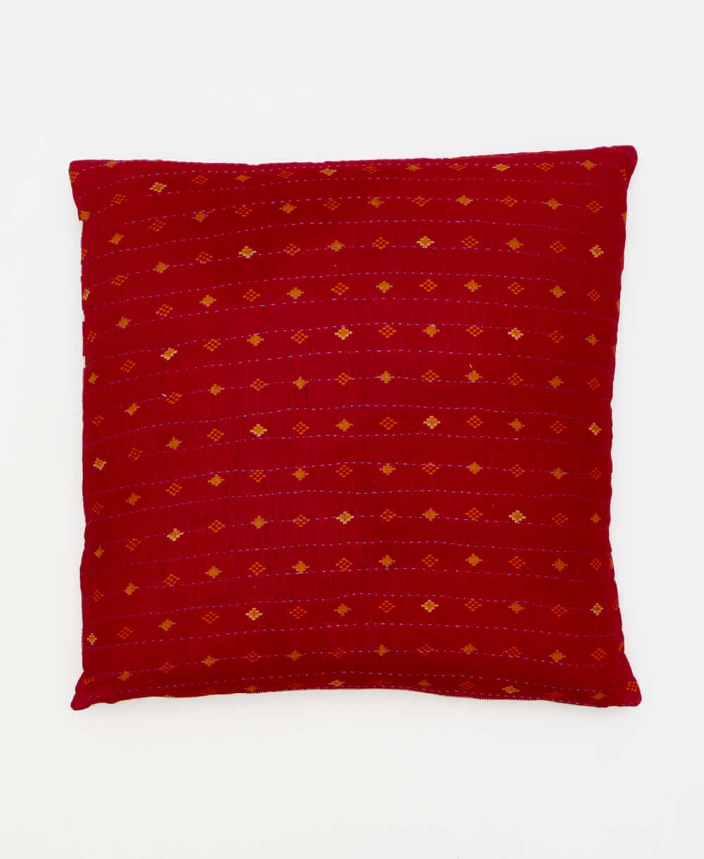 colorful red throw pillow featuring traditional kantha hand stitching 