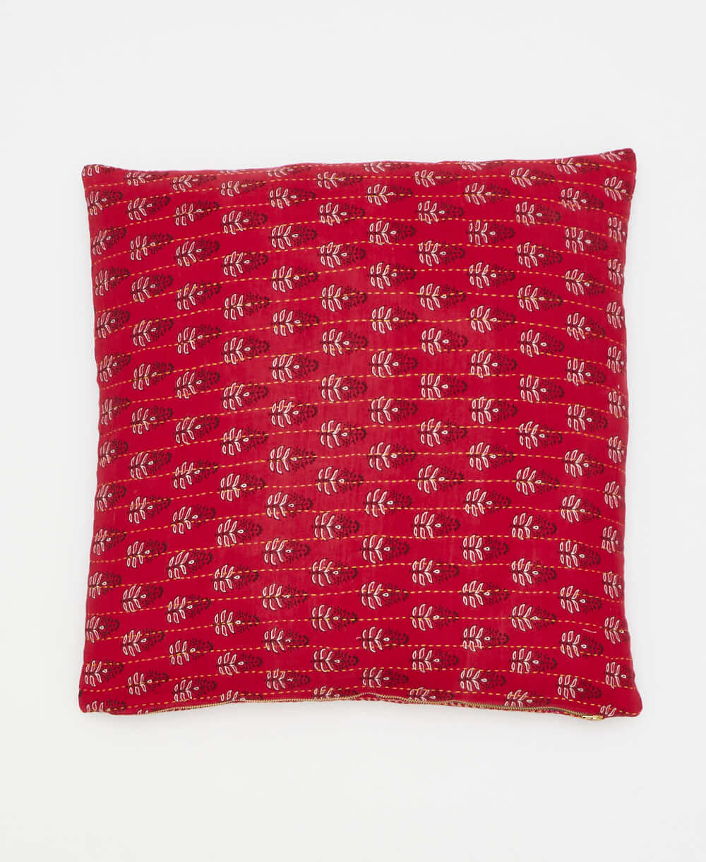 red stamp floral throw pillow featuring traditional kantha hand stitching 