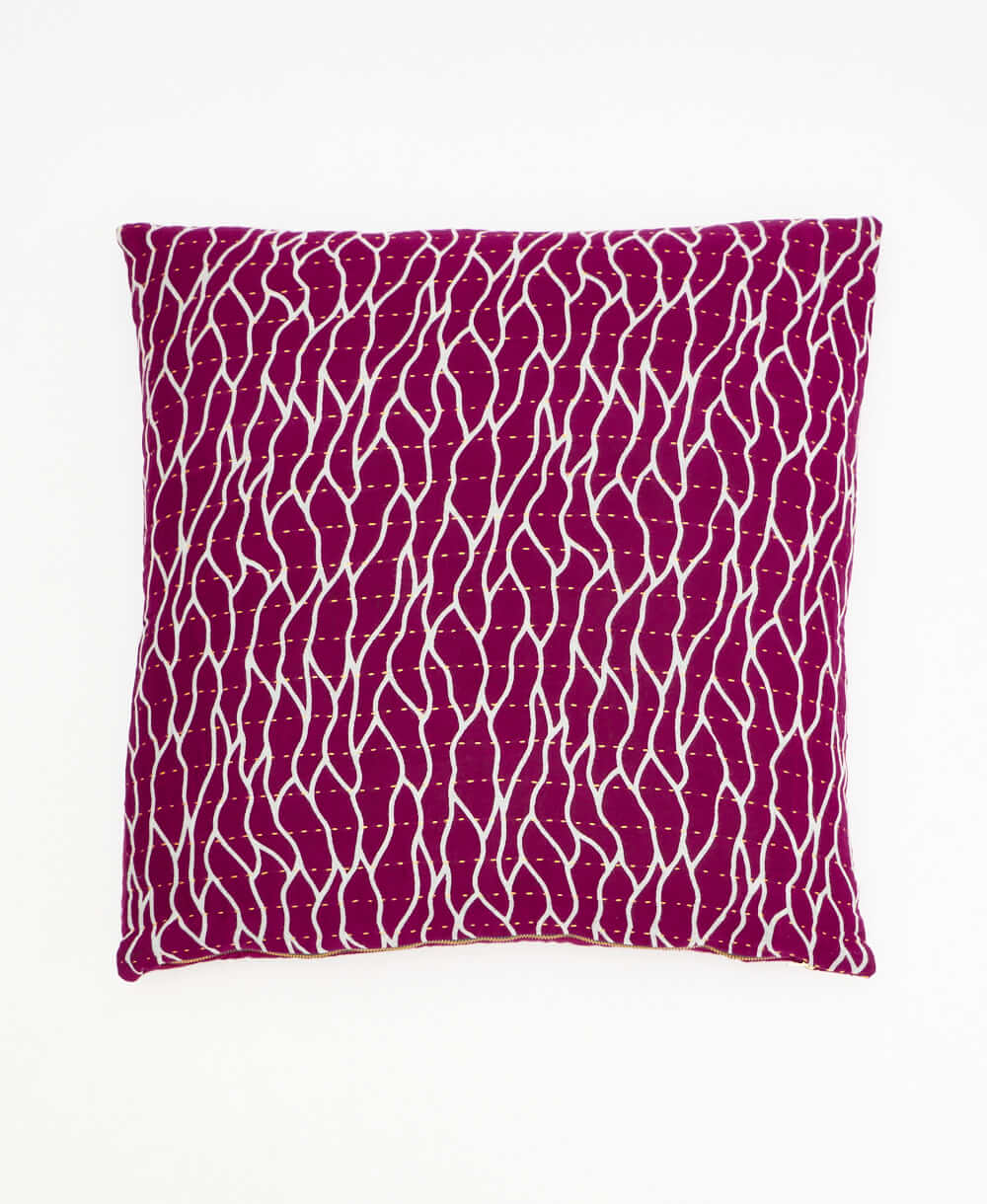 magenta throw pillow with yellow and teal flower print made from vintage cotton saris in India