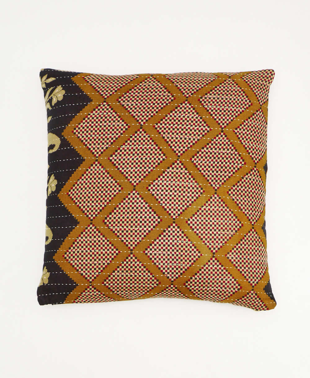 black & red throw pillow with a mustard chevron print made from vintage cotton saris in India