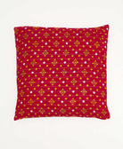 colorful throw pillow in red made from vintage fabrics with hand-stitched embroidery in yellow oversized paisley print