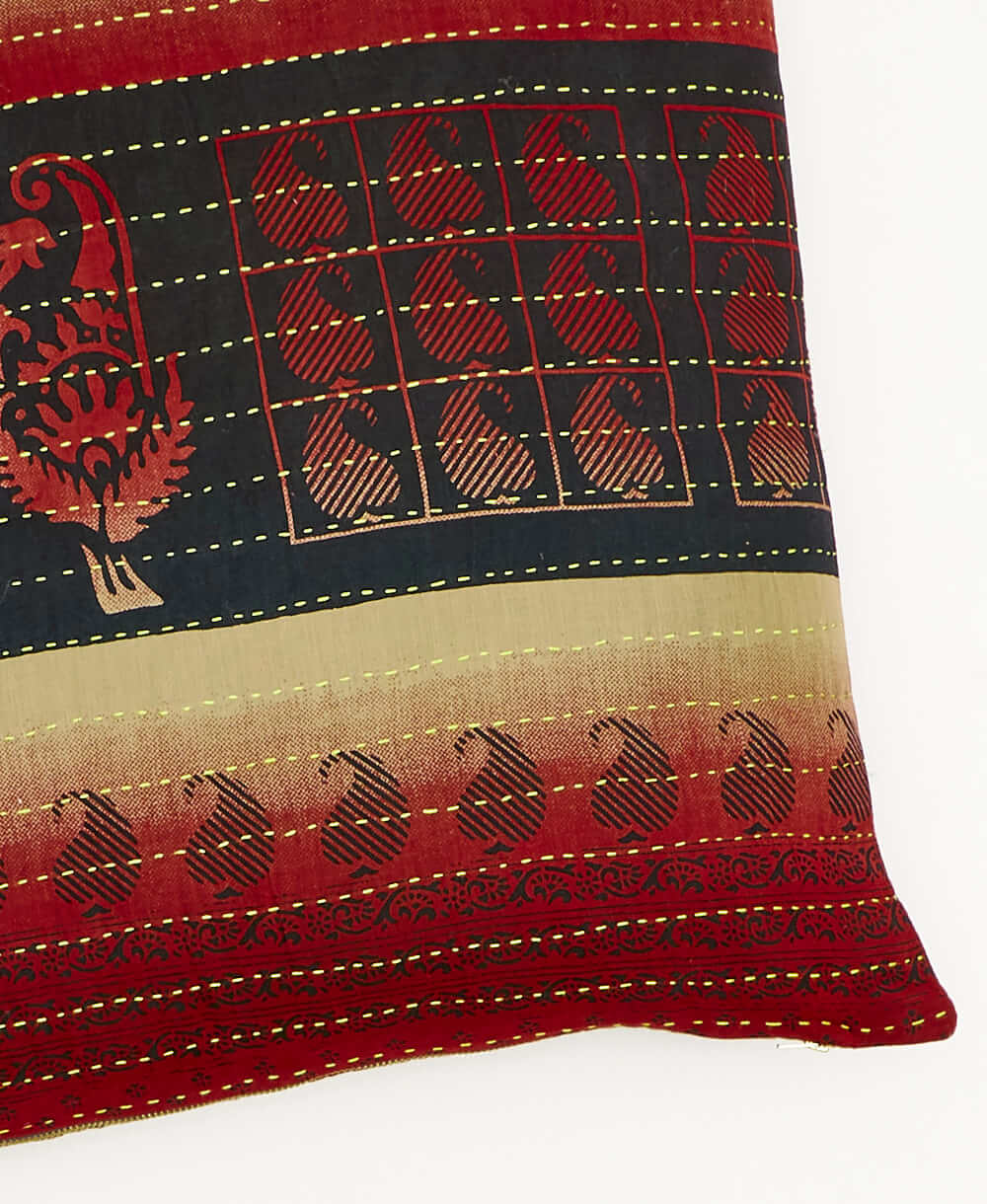 kantha square pillow in dark red with navy paisley pattern with yellow embroidery