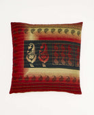 dark red throw pillow with a navy and tan paisley print made from vintage cotton saris in India