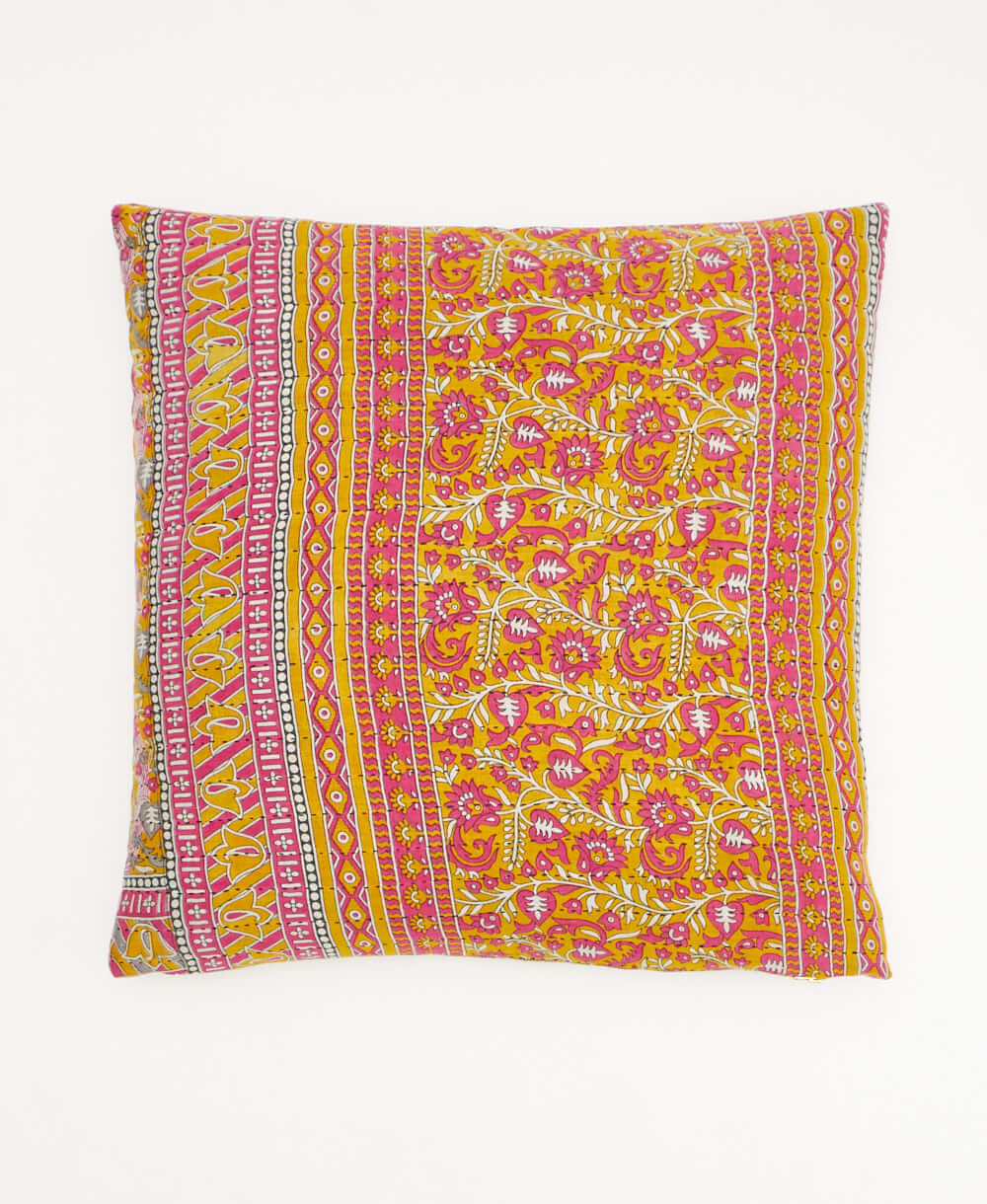 barbie pink throw pillow with a yellow paisley print made from vintage cotton saris in India