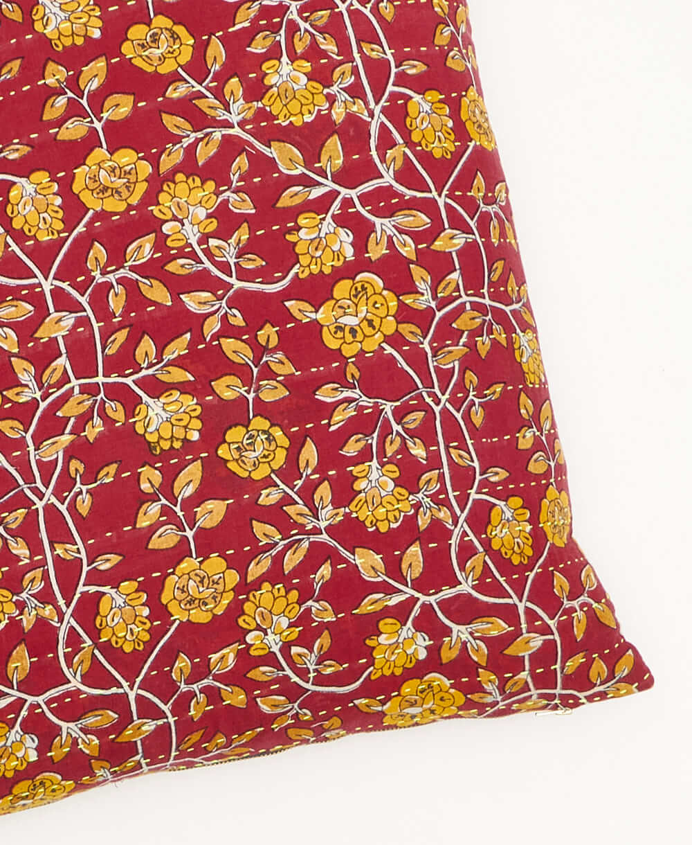 kantha square pillow in red with yellow square pattern with yellow embroidery