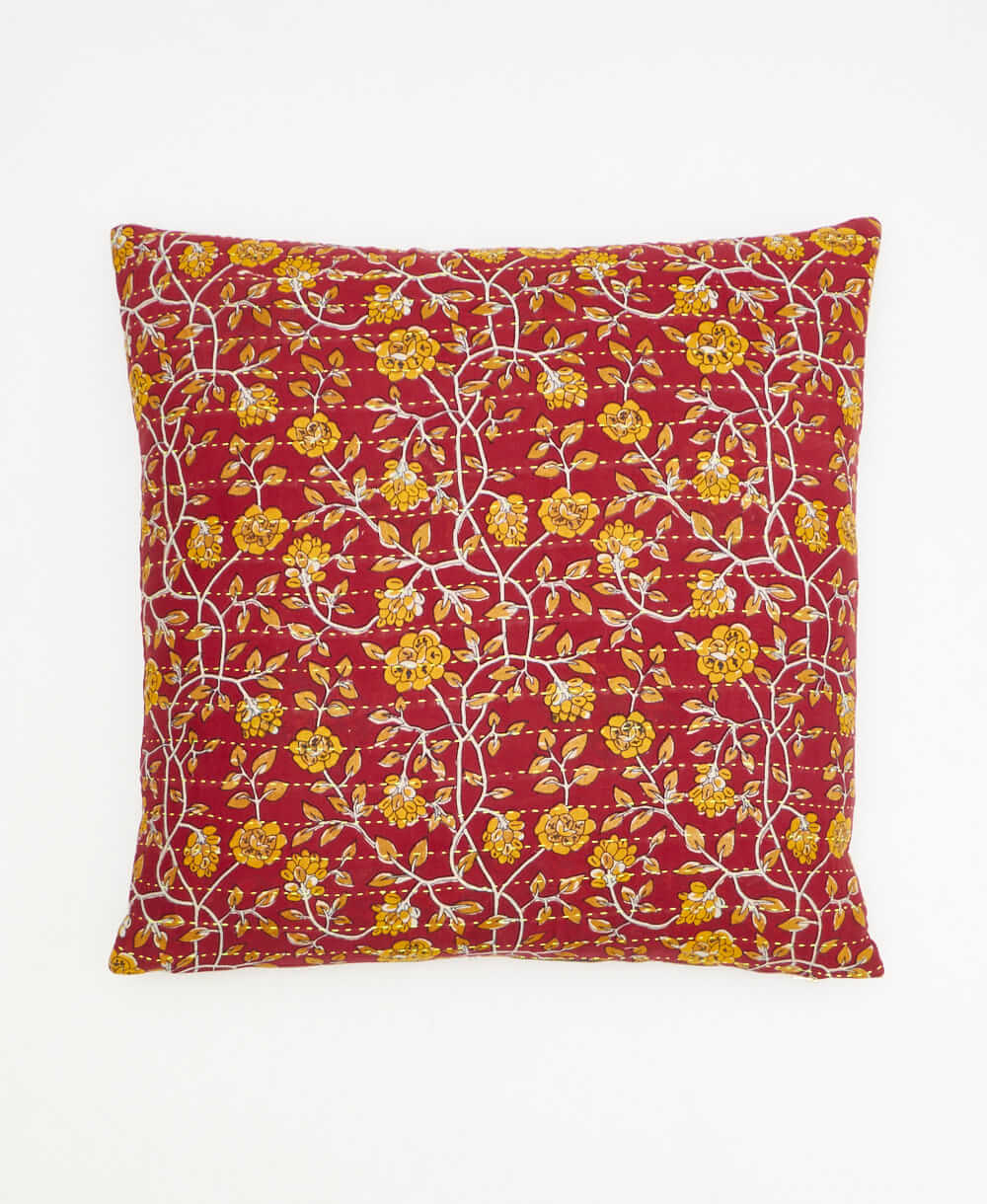 red throw pillow with a yellow square print made from vintage cotton saris in India