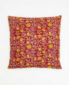 red throw pillow with a yellow square print made from vintage cotton saris in India