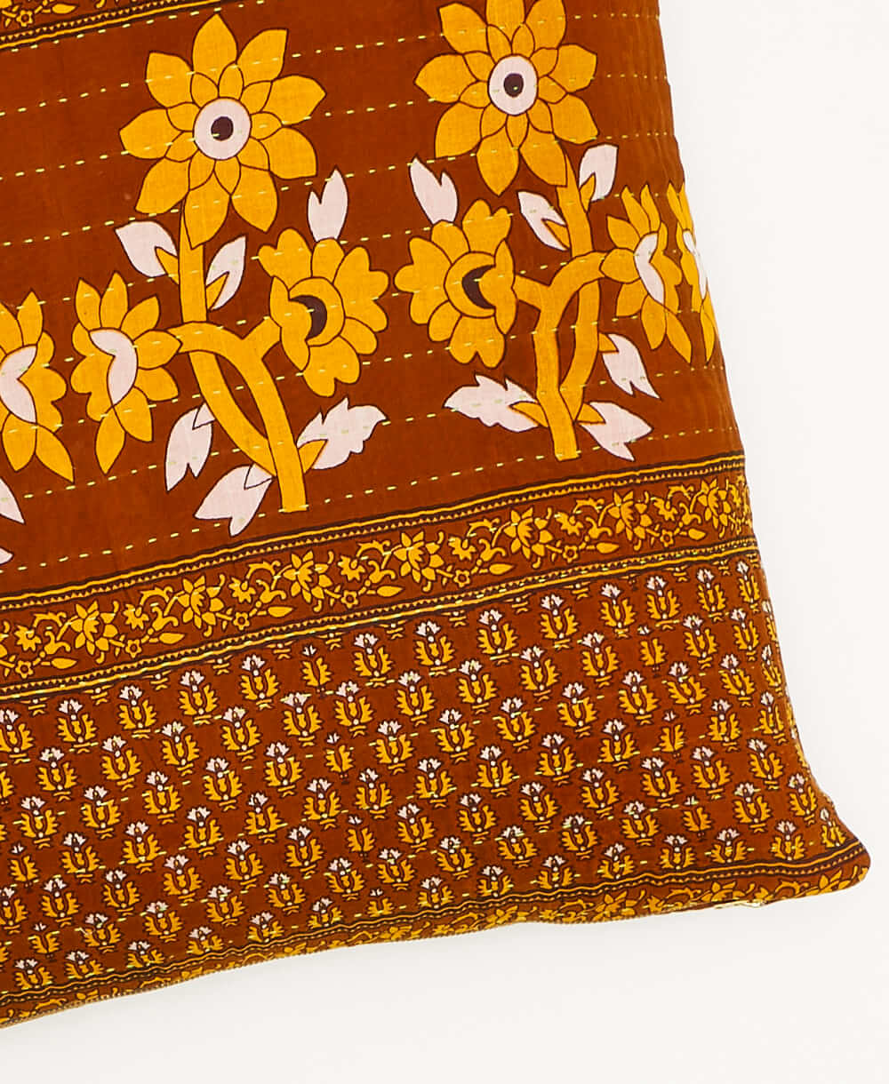 kantha square pillow in camel with mustard yellow daisy pattern with yellow embroidery