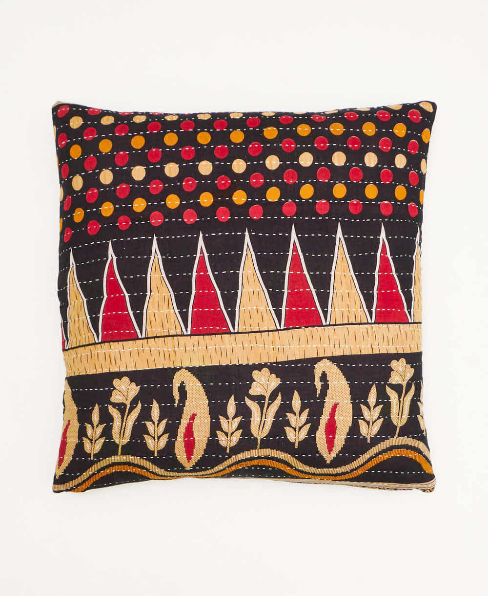 colorful throw pillow in black made from vintage fabrics with hand-stitched embroidery in orange, white & mustard stripe print