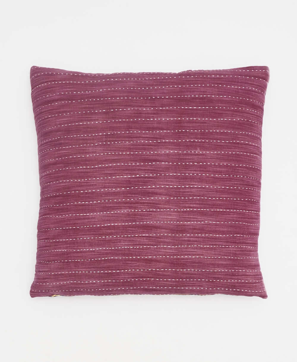 mauve abstract square pillow with white kantha embroidery with removable down feather pillow insert