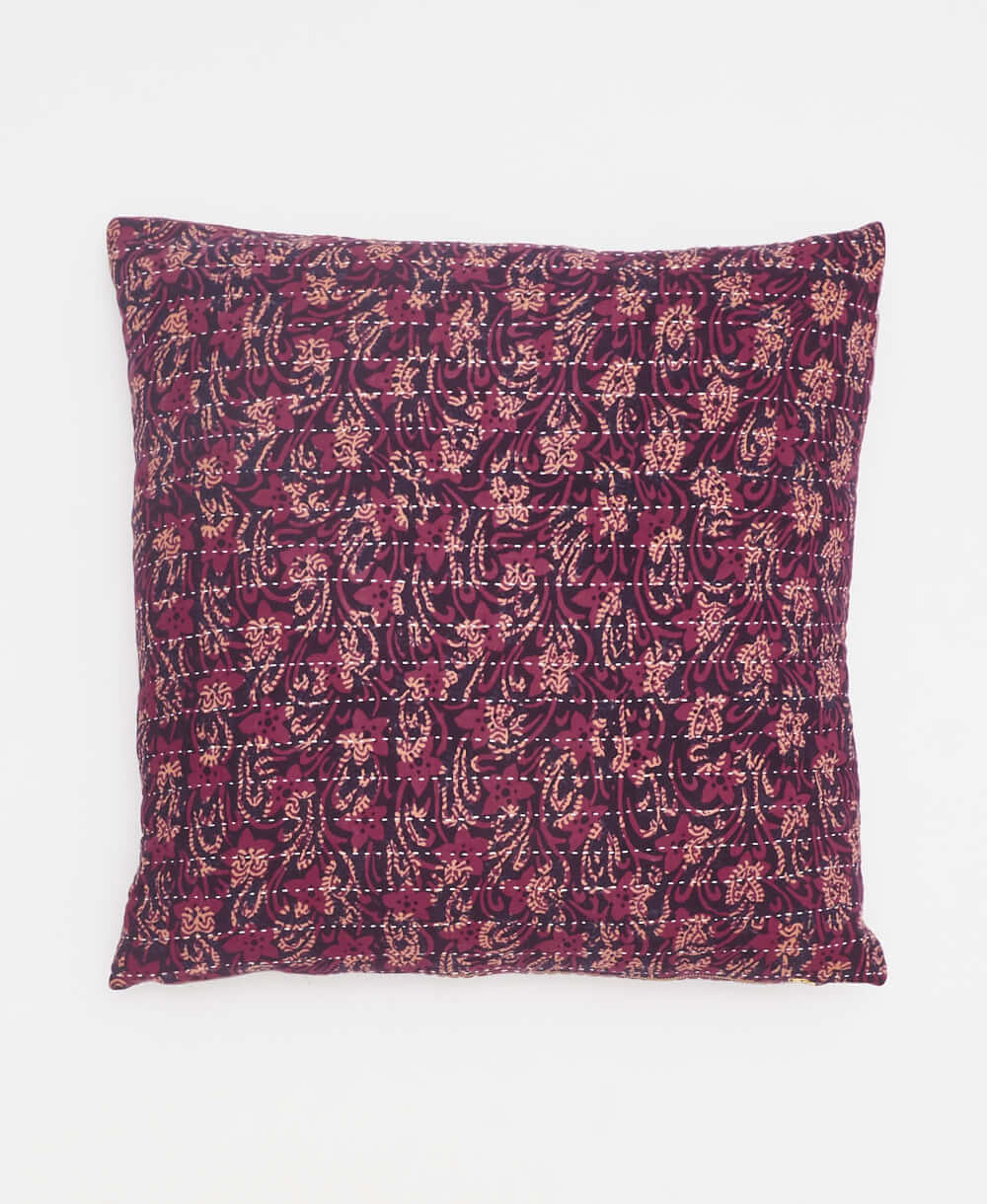 eggplant and tan floral throw pillow made from upcycled vintage saris in India by women artisans