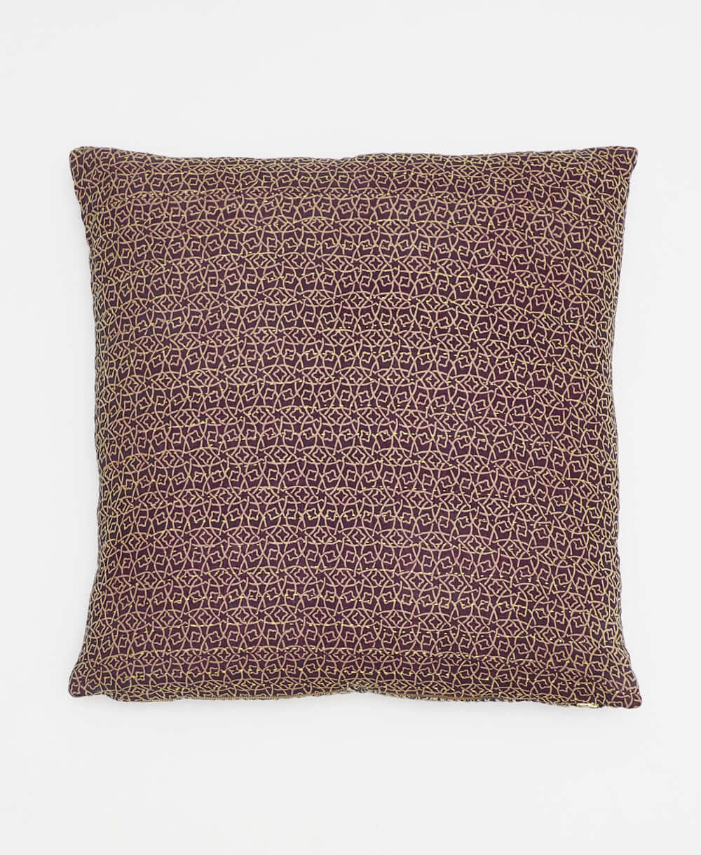 purple & tan geometric square pillow with green kantha embroidery with removable down feather pillow insert