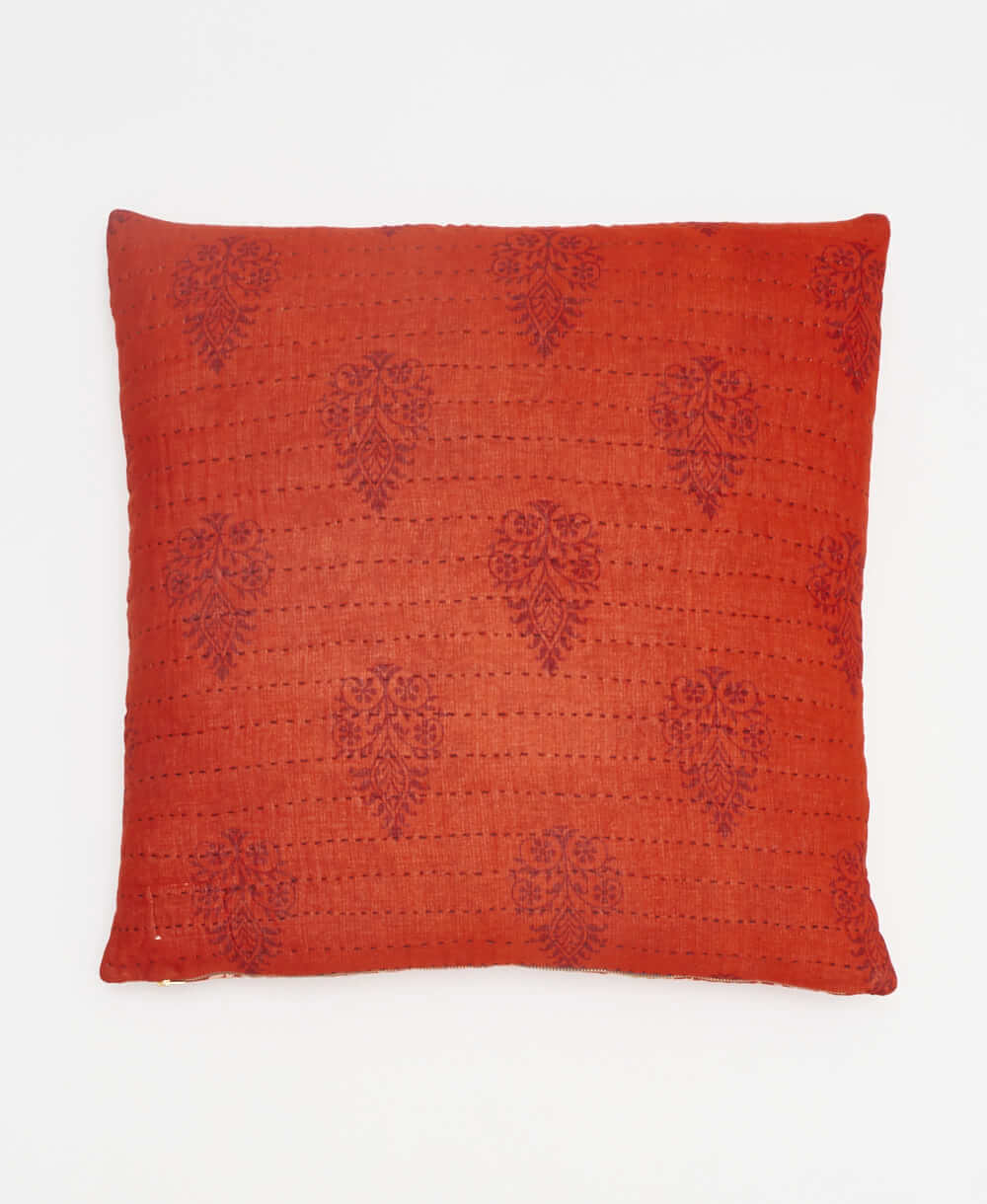 bright red & tan floral stripe square pillow with black kantha embroidery with removable down feather pillow insert