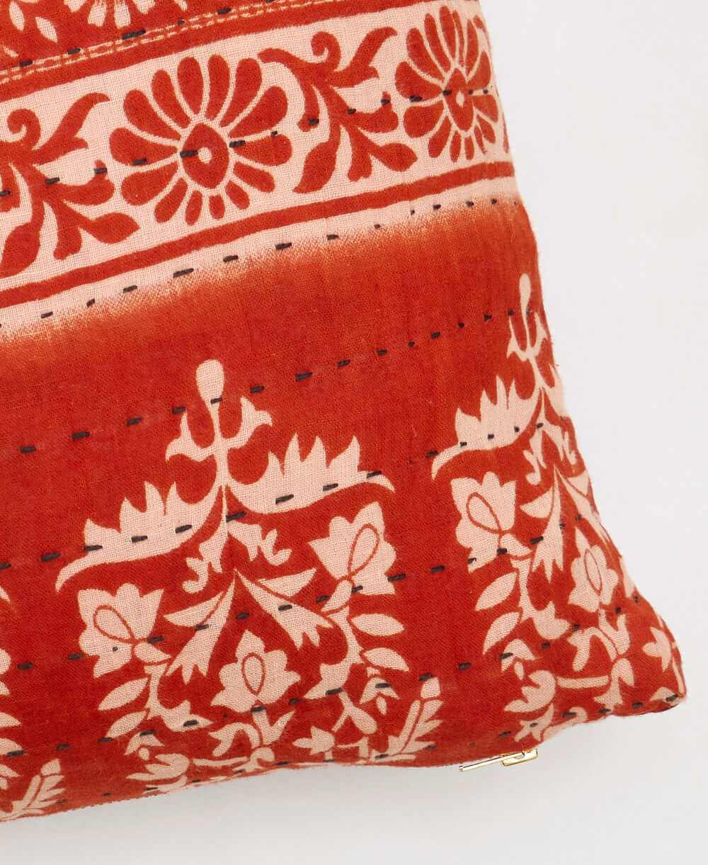 bright red & tan floral stripe vintage throw pillow made from sustainable fabrics with black embroidery