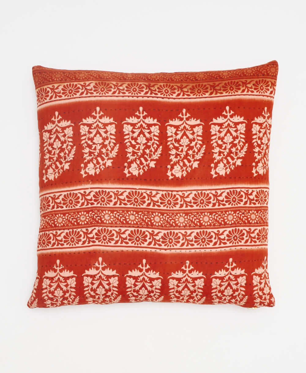 bright red & tan floral stripe throw pillow made from upcycled vintage saris in India by women artisans