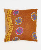 dark orange & pale yellow floral square pillow with blue kantha embroidery with removable down feather pillow insert