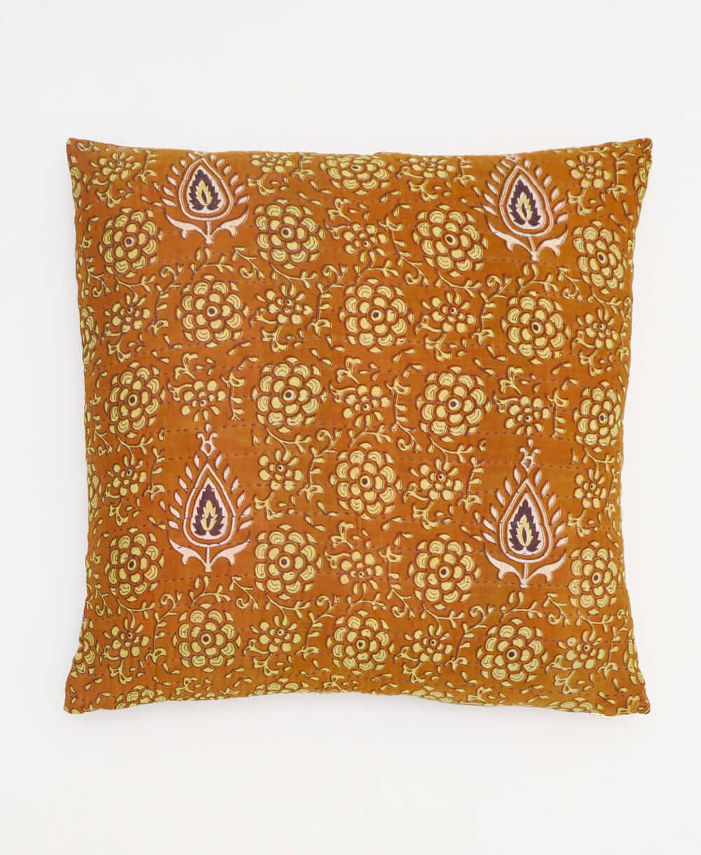 dark orange & pale yellow floral throw pillow made from upcycled vintage saris in India by women artisans