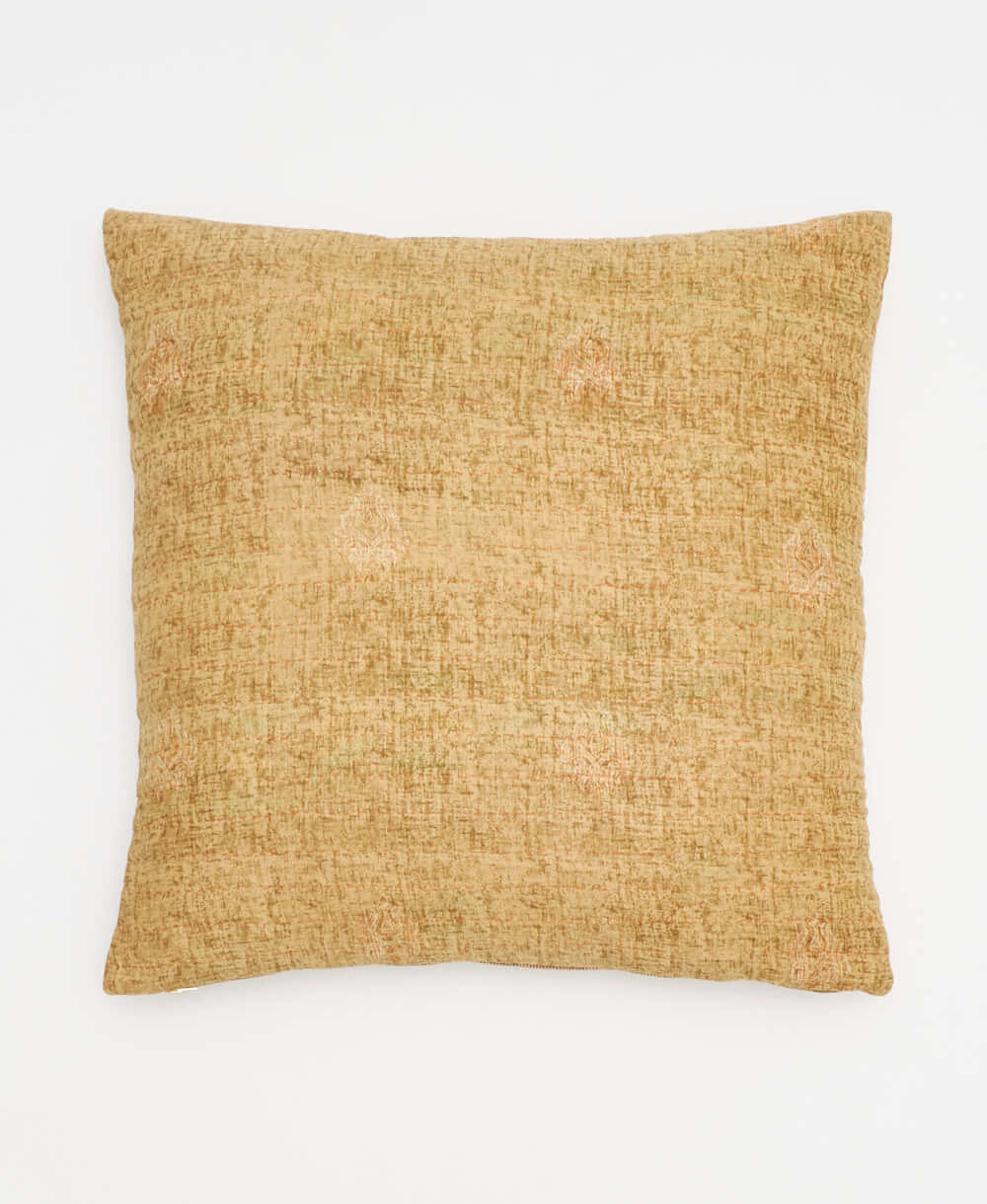 sandy beige & bubblegum pink flowers square pillow with orange kantha embroidery with removable down feather pillow insert