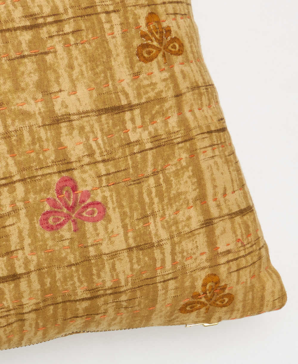 sandy beige & bubblegum pink flowers vintage throw pillow made from sustainable fabrics with orange embroidery