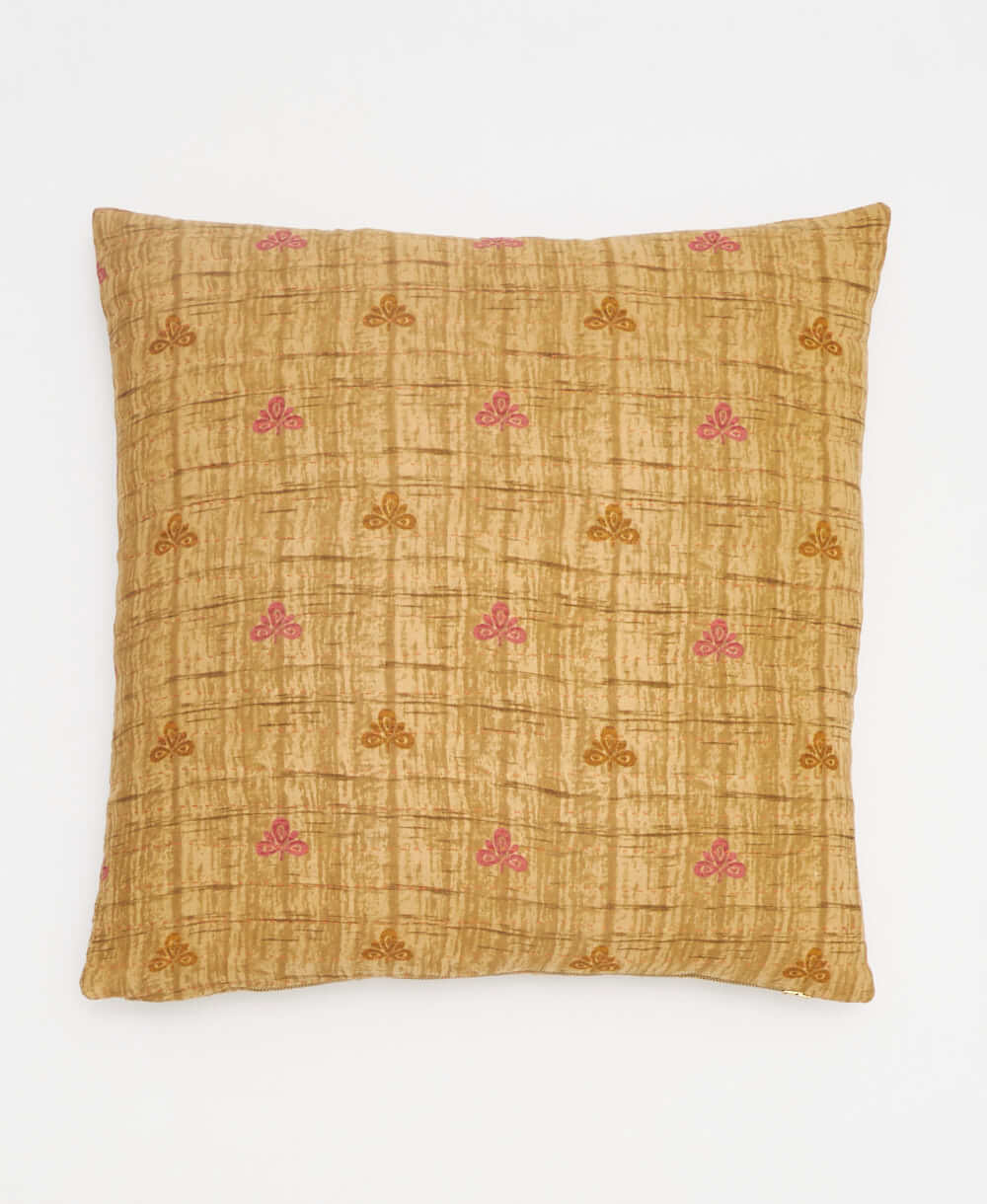 sandy beige & bubblegum pink flowers throw pillow made from upcycled vintage saris in India by women artisans