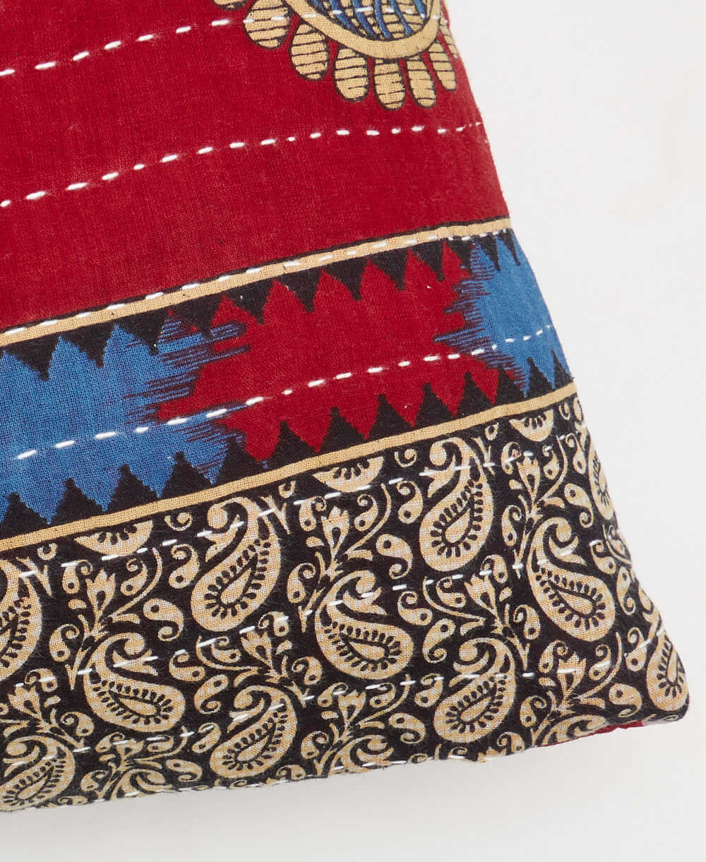 red & blue oversized paisley square pillow with white kantha embroidery with removable down feather pillow insert