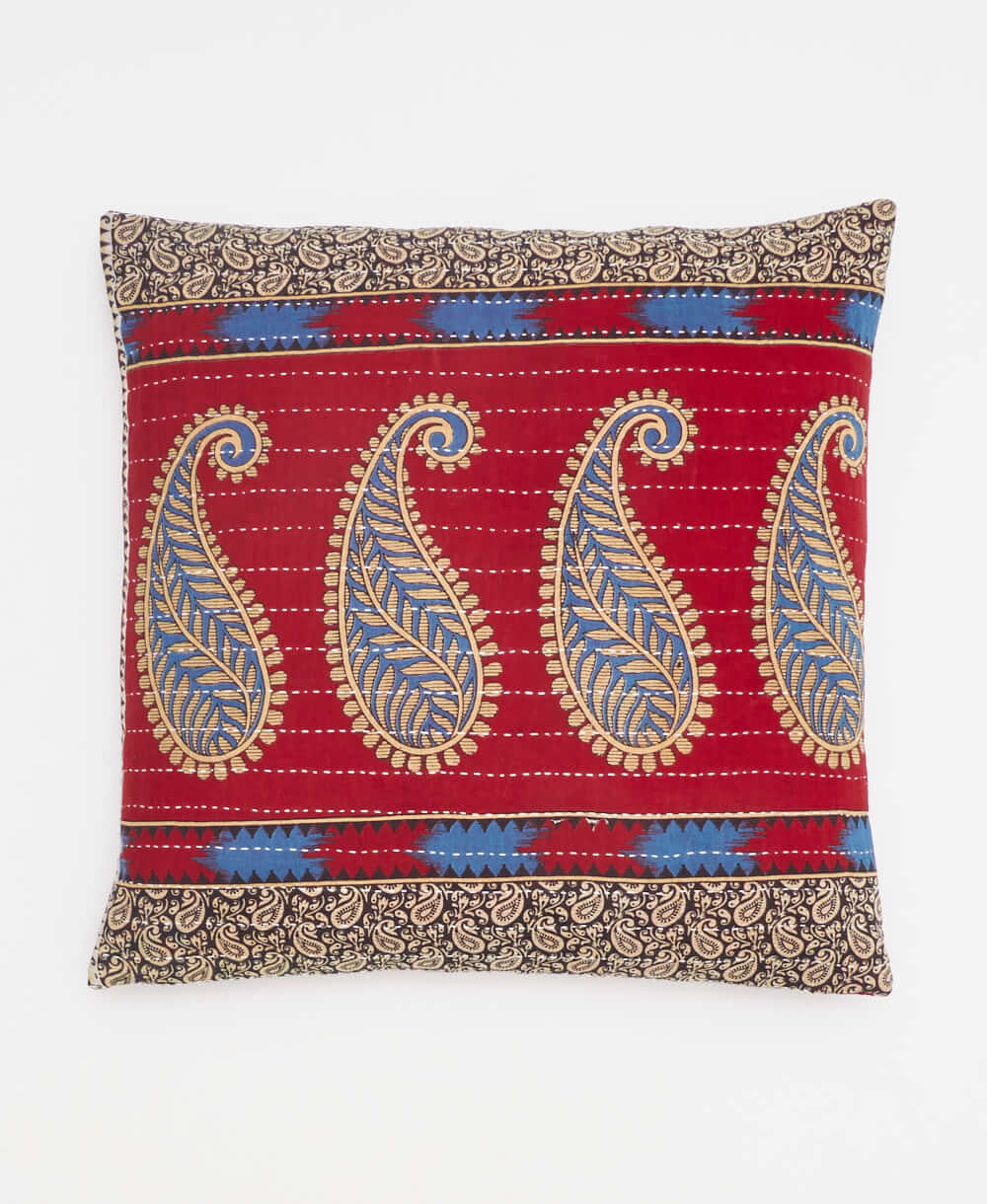 red & cornflower blue oversized paisley throw pillow made from upcycled vintage saris in India by women artisans