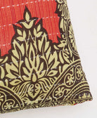 light red, pale yellow & brown floral throw pillow with white kantha stitching made in India