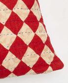 red & ivory checkered diamond square pillow with blue kantha embroidery with removable down feather pillow insert