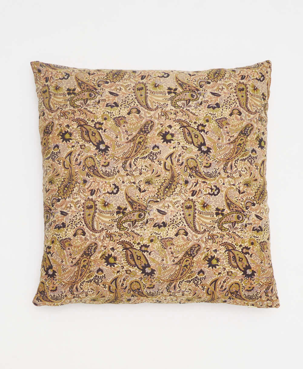 tan, lime & black paisley throw pillow made from upcycled vintage saris in India by women artisans