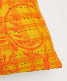 orange & yellow plaid square pillow with black kantha embroidery with removable down feather pillow insert