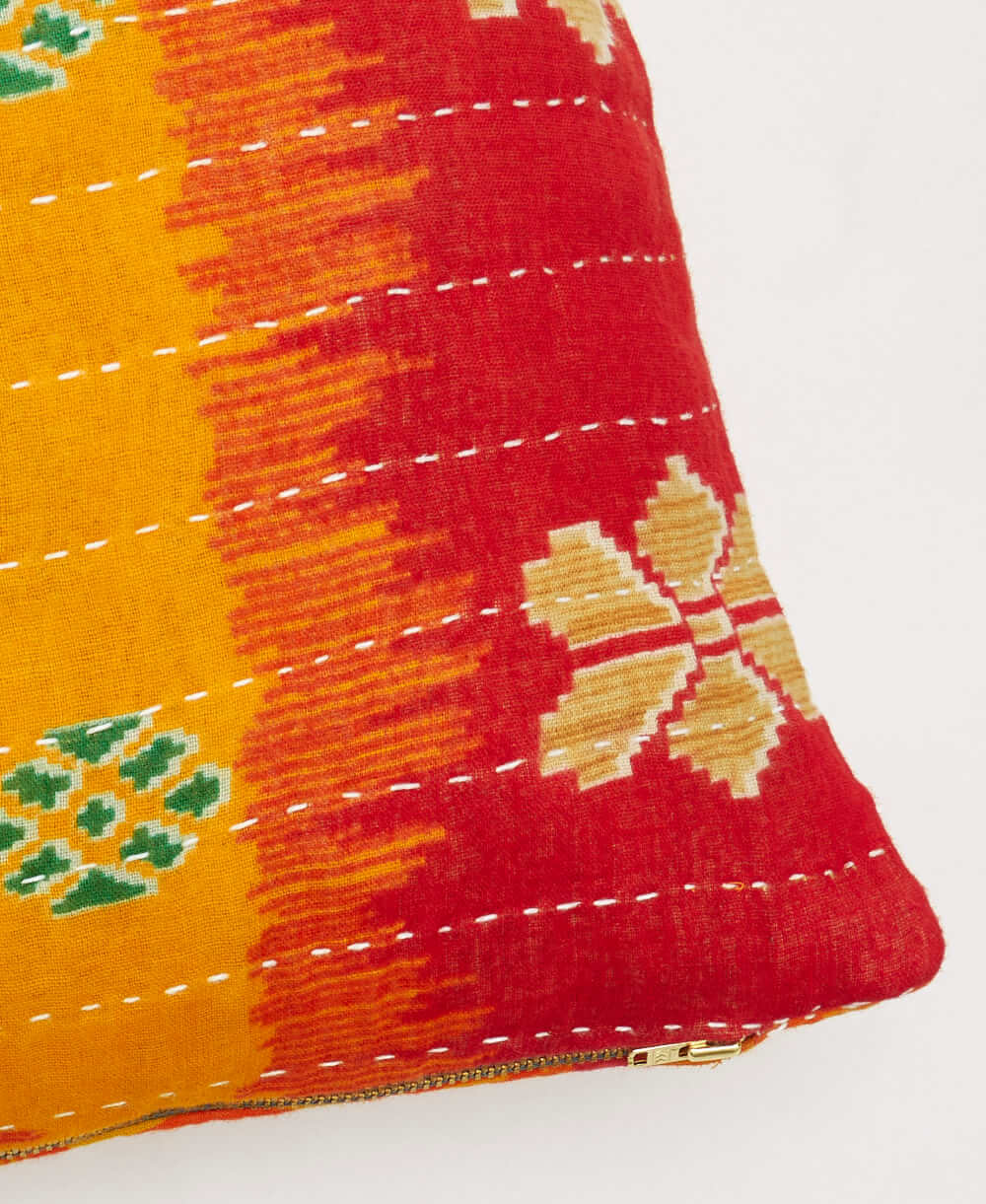 orange & red striped floral square pillow with white kantha embroidery with removable down feather pillow insert